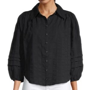 Free People Happy Days Puff-Sleeve Shirt Button-Down Black Size Large